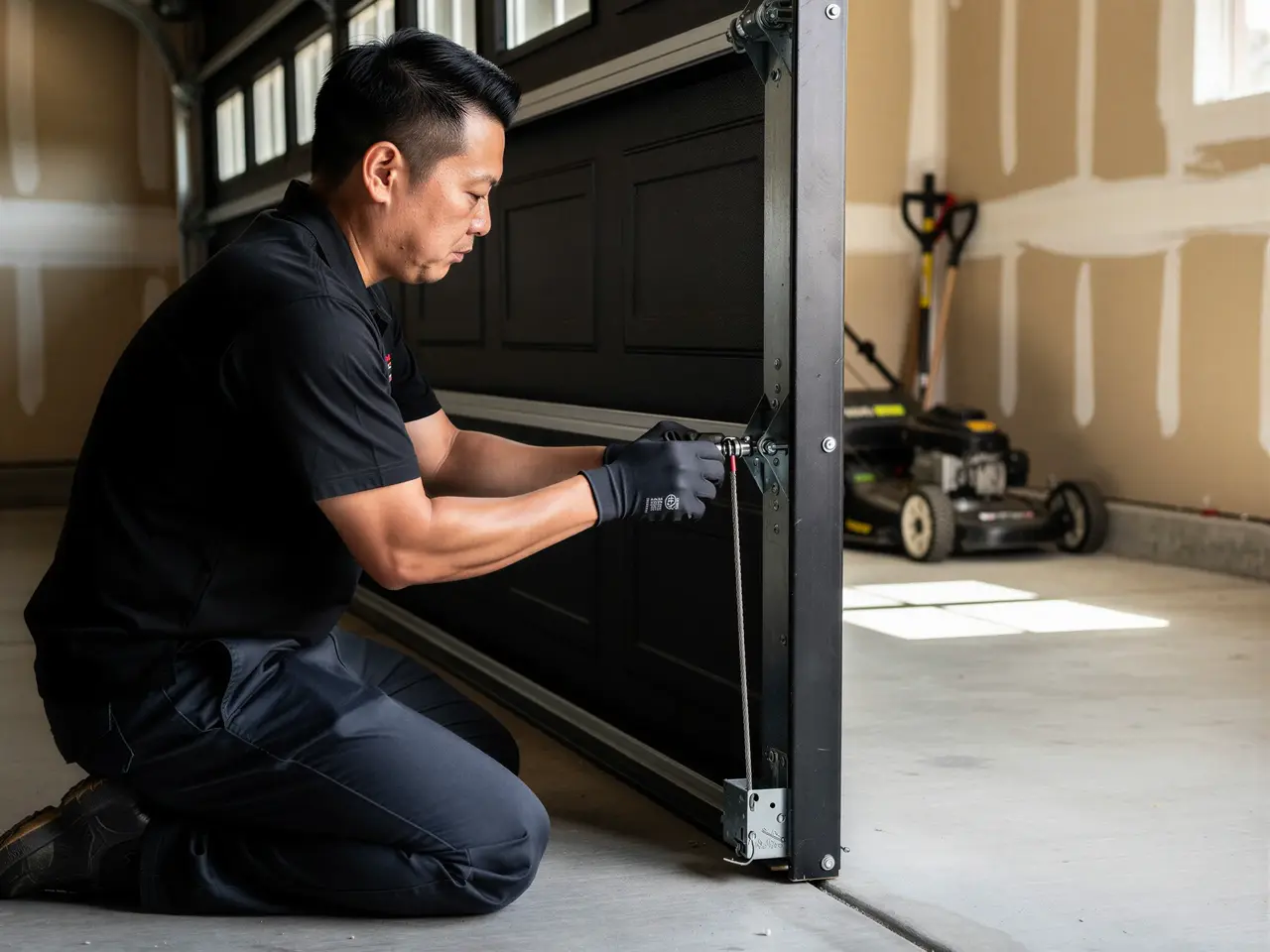 A technician kneels, adjusting a cable on a black garage door panel.