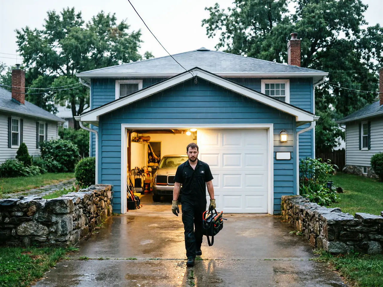 A technician walks out of a blue house's garage carrying a tool bag.