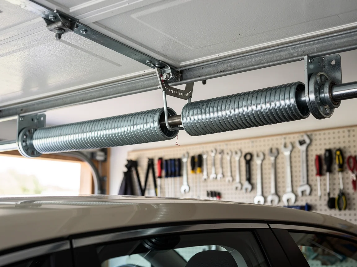 A garage door torsion spring is mounted above a car.